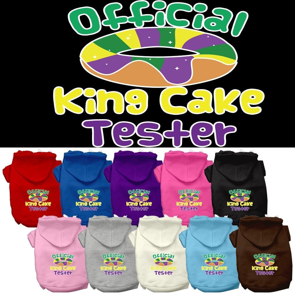 A cozy pet hoodie for dogs and cats, featuring a fun 'King Cake Tester' print, made from soft cotton-polyester blend.