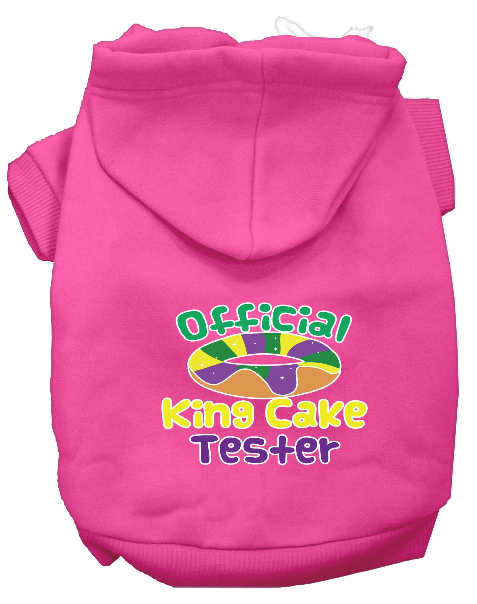 A cozy pet hoodie for dogs and cats, featuring a fun 'King Cake Tester' print, made from soft cotton-polyester blend.