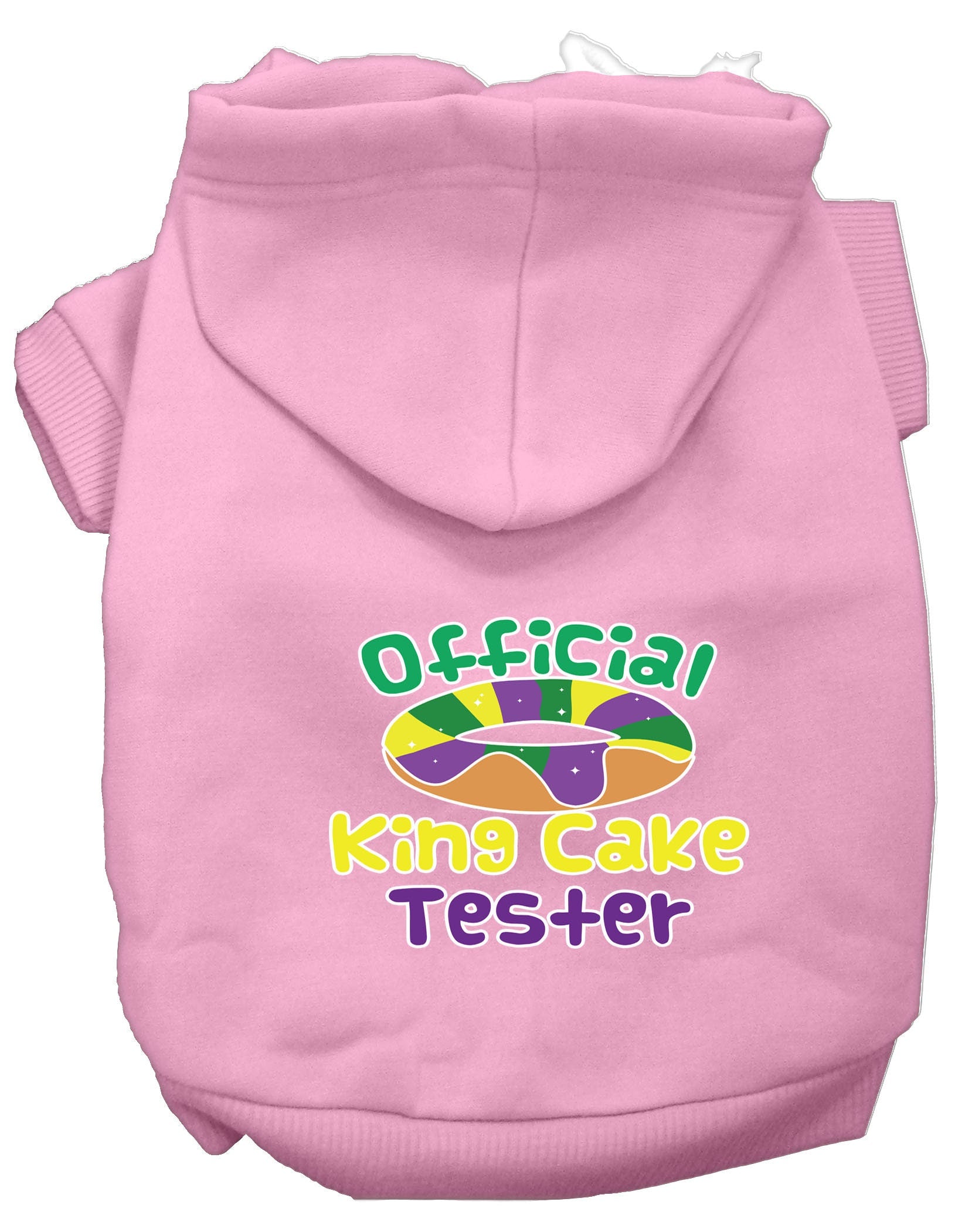 A cozy pet hoodie for dogs and cats, featuring a fun 'King Cake Tester' print, made from soft cotton-polyester blend.