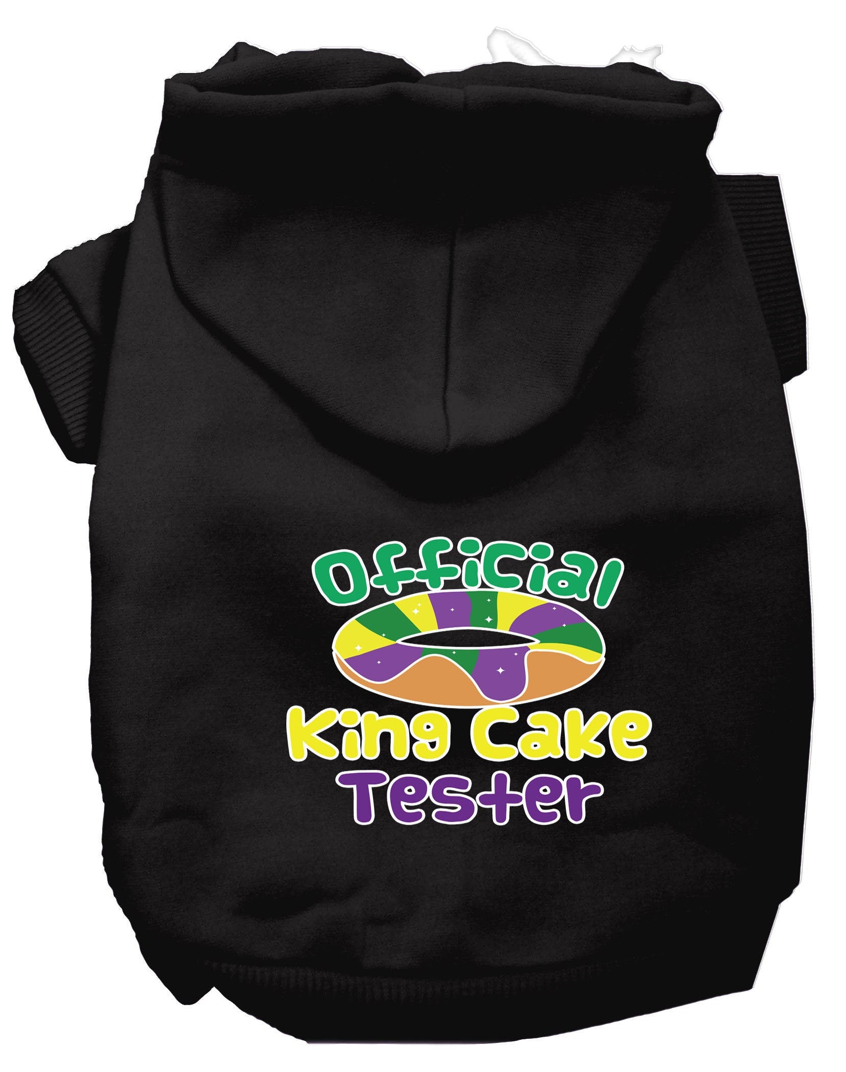 A cozy pet hoodie for dogs and cats, featuring a fun 'King Cake Tester' print, made from soft cotton-polyester blend.