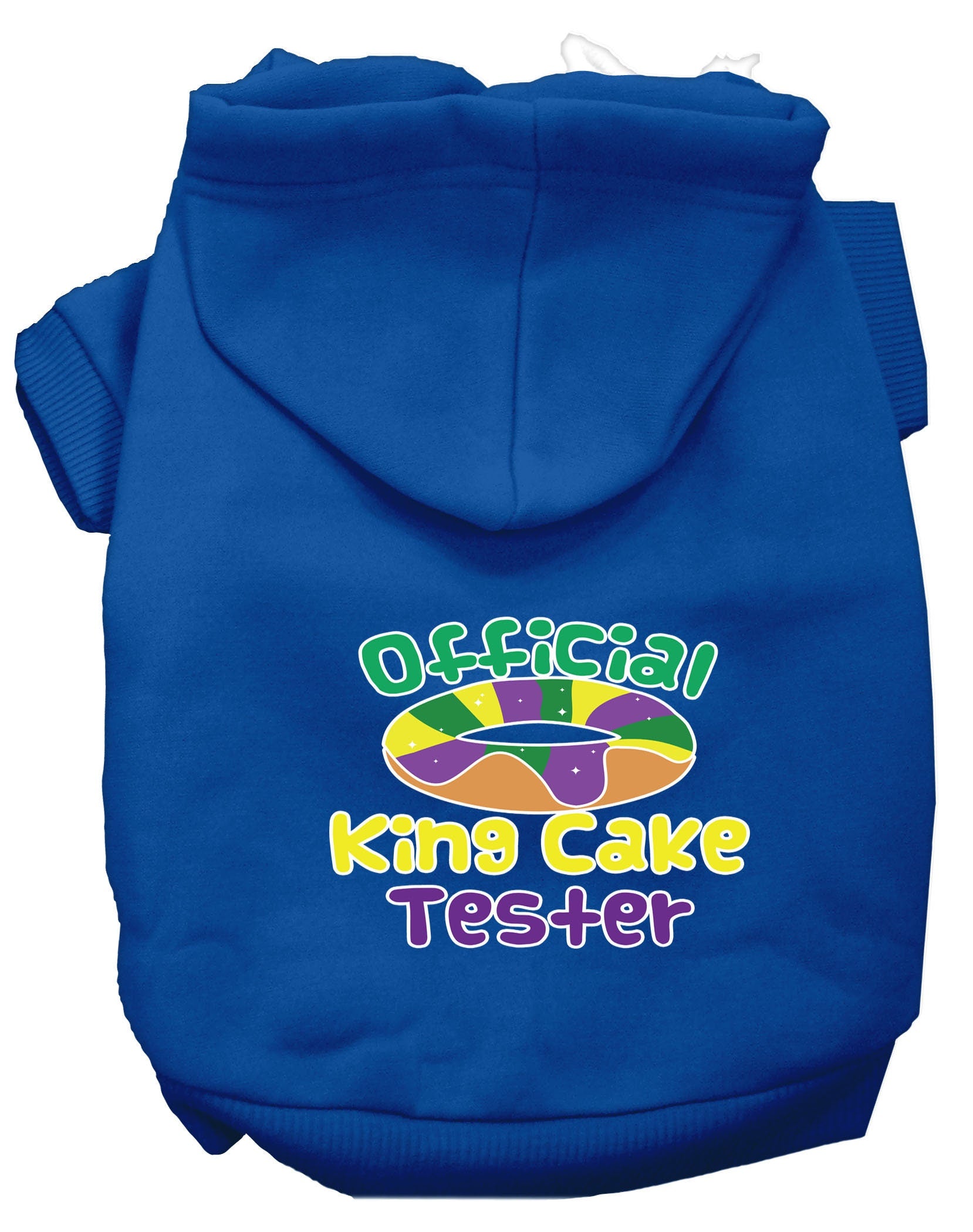 A cozy pet hoodie for dogs and cats, featuring a fun 'King Cake Tester' print, made from soft cotton-polyester blend.