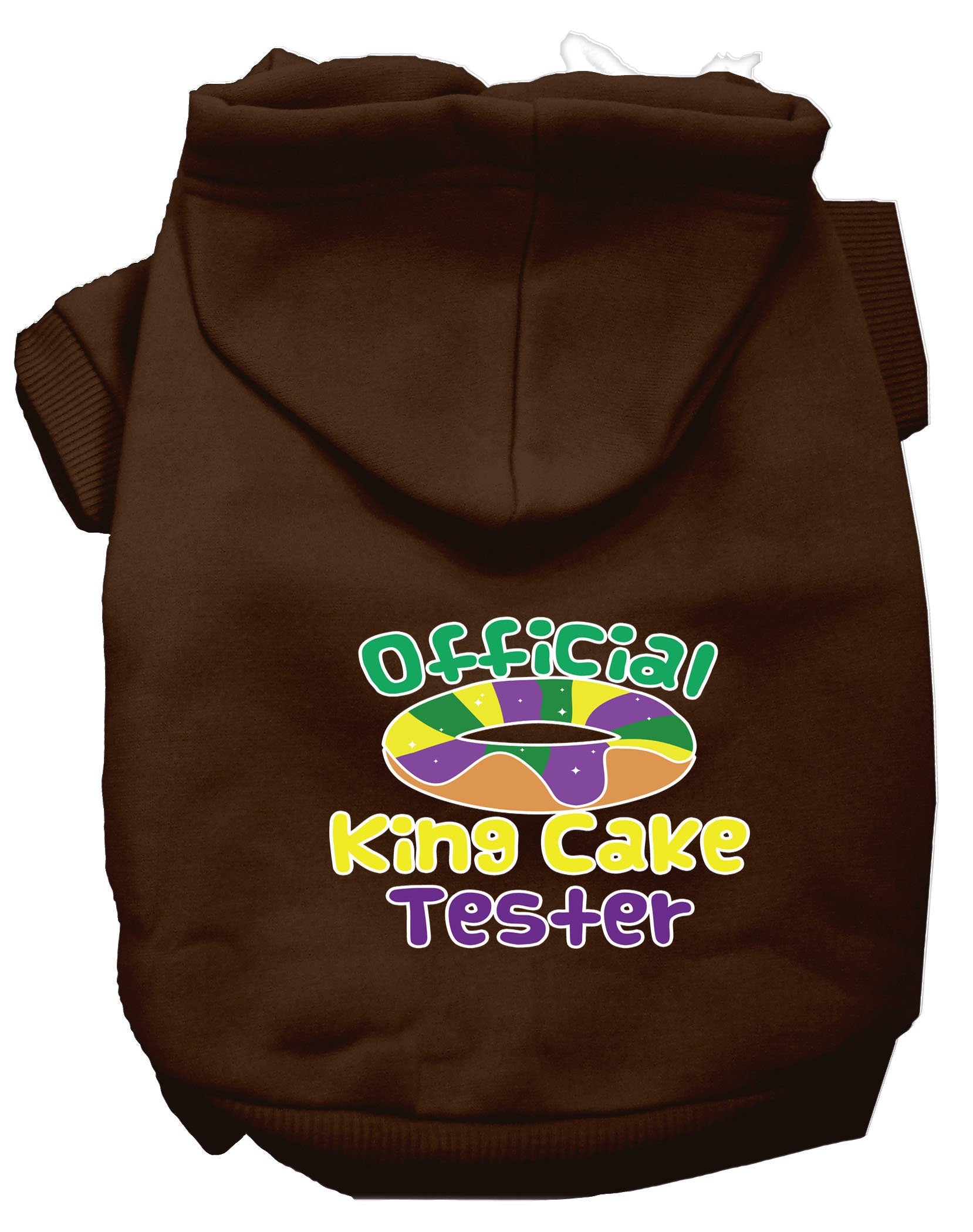 A cozy pet hoodie for dogs and cats, featuring a fun 'King Cake Tester' print, made from soft cotton-polyester blend.