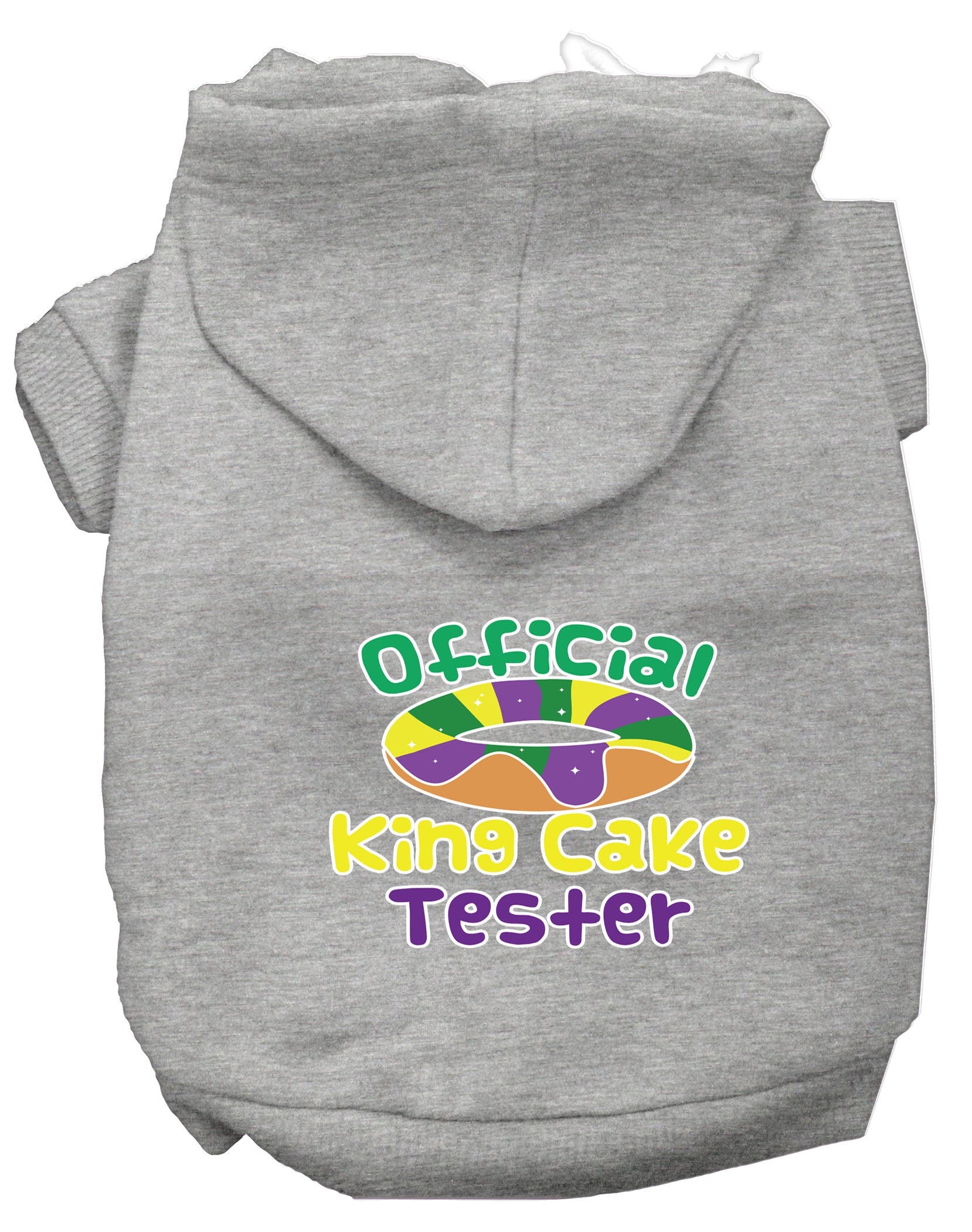 A cozy pet hoodie for dogs and cats, featuring a fun 'King Cake Tester' print, made from soft cotton-polyester blend.