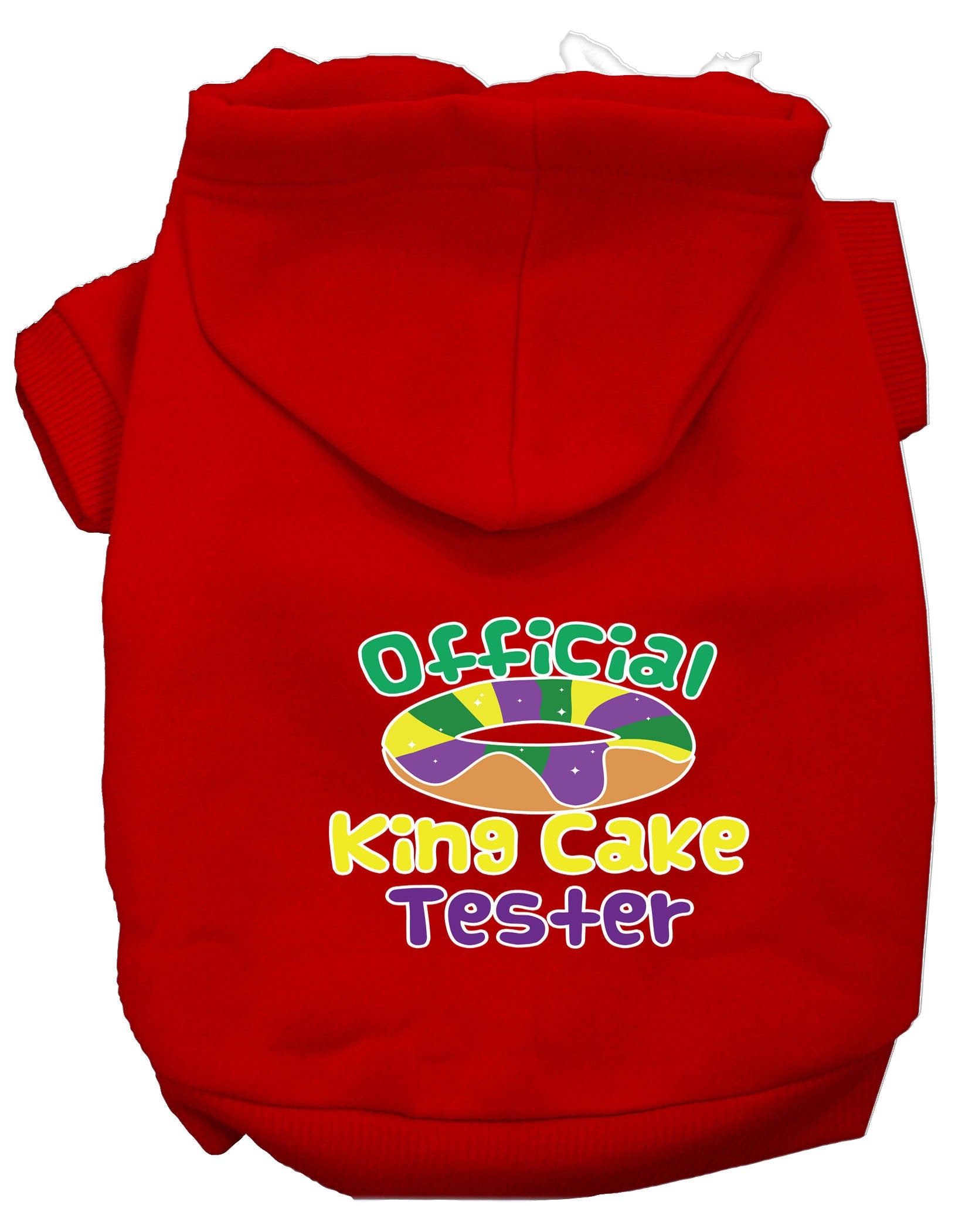 A cozy pet hoodie for dogs and cats, featuring a fun 'King Cake Tester' print, made from soft cotton-polyester blend.