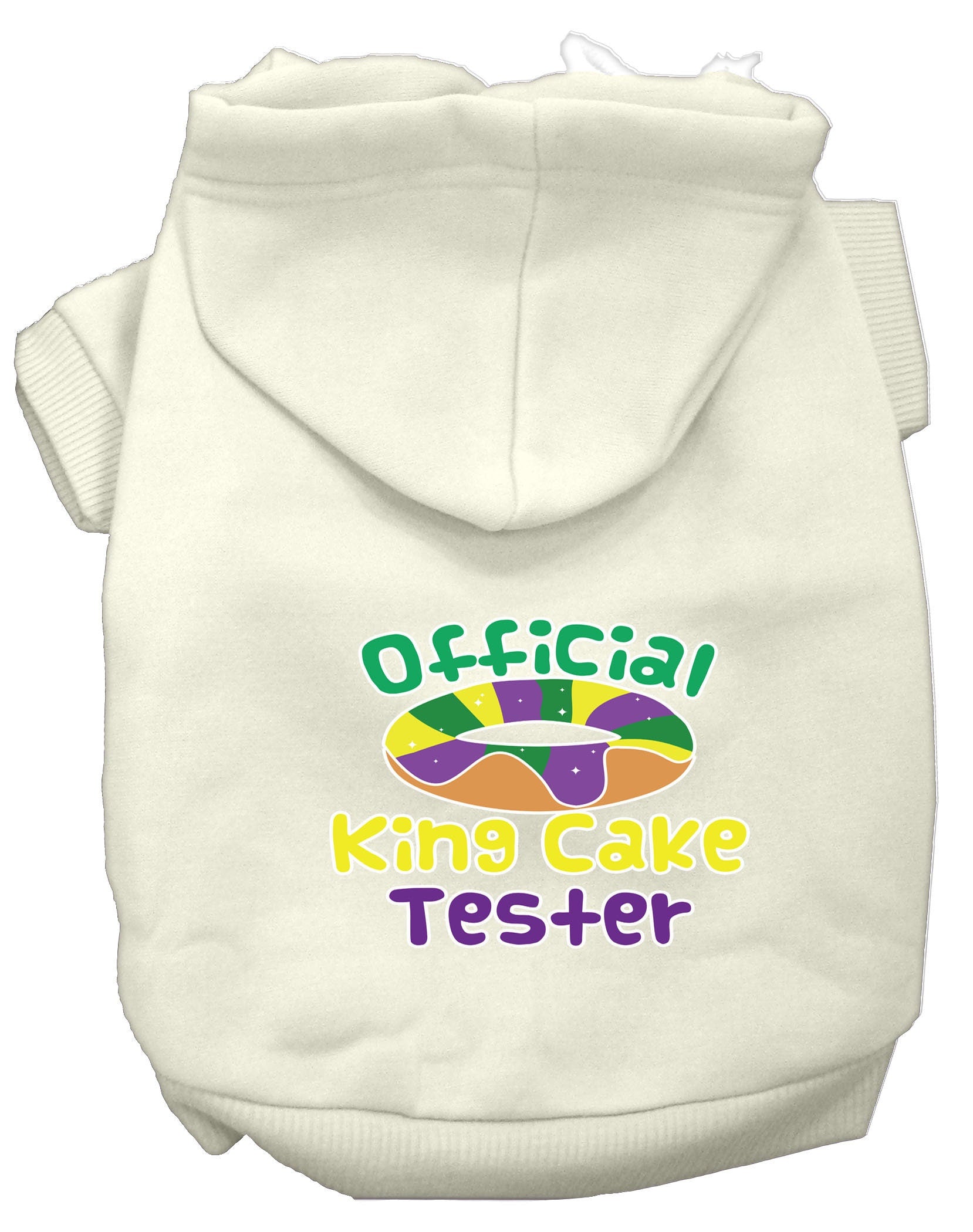 A cozy pet hoodie for dogs and cats, featuring a fun 'King Cake Tester' print, made from soft cotton-polyester blend.