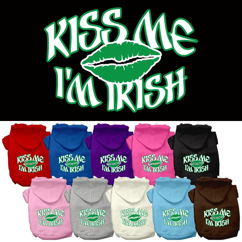 A cozy pet hoodie for dogs and cats, featuring the phrase 'Kiss Me I'm Irish' in vibrant print, perfect for festive occasions.
