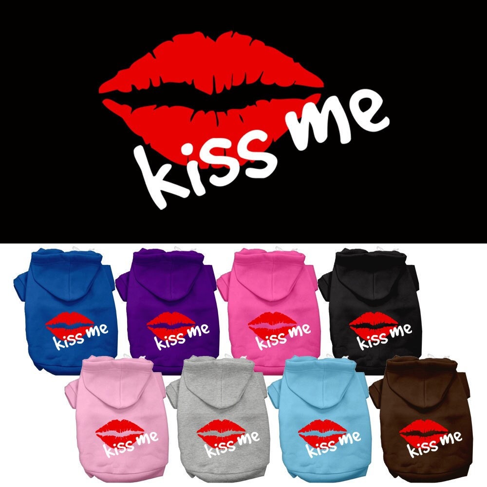 A cozy pet hoodie for dogs and cats, featuring a screen printed 'Kiss Me' design, made from soft cotton and polyester blend.