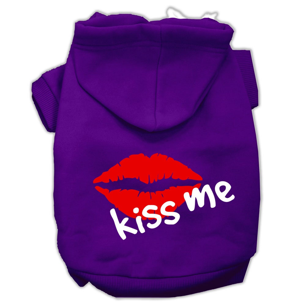 A cozy pet hoodie for dogs and cats, featuring a screen printed 'Kiss Me' design, made from soft cotton and polyester blend.