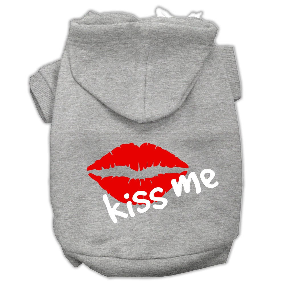 A cozy pet hoodie for dogs and cats, featuring a screen printed 'Kiss Me' design, made from soft cotton and polyester blend.
