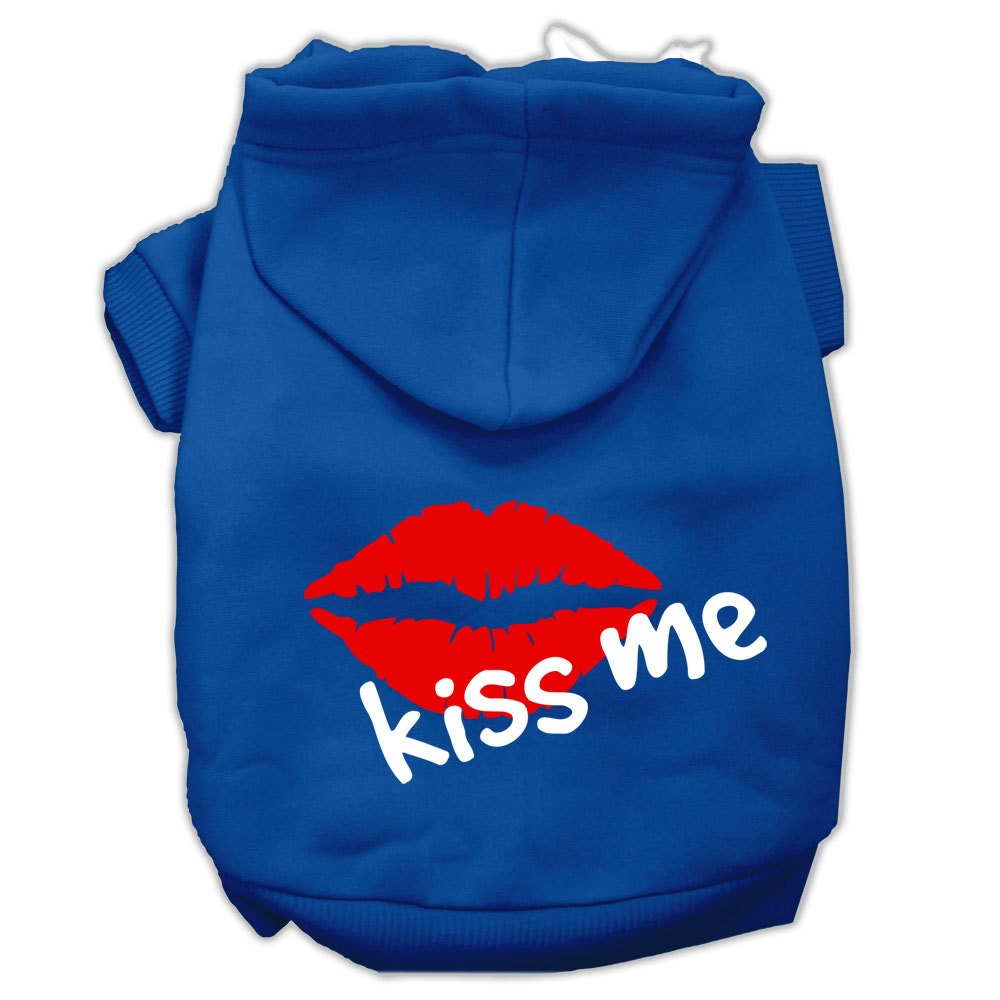 A cozy pet hoodie for dogs and cats, featuring a screen printed 'Kiss Me' design, made from soft cotton and polyester blend.