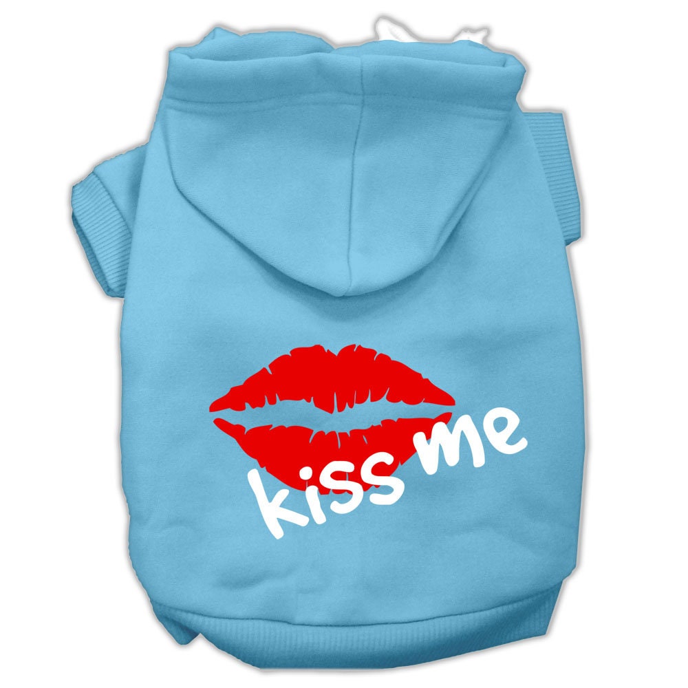 A cozy pet hoodie for dogs and cats, featuring a screen printed 'Kiss Me' design, made from soft cotton and polyester blend.