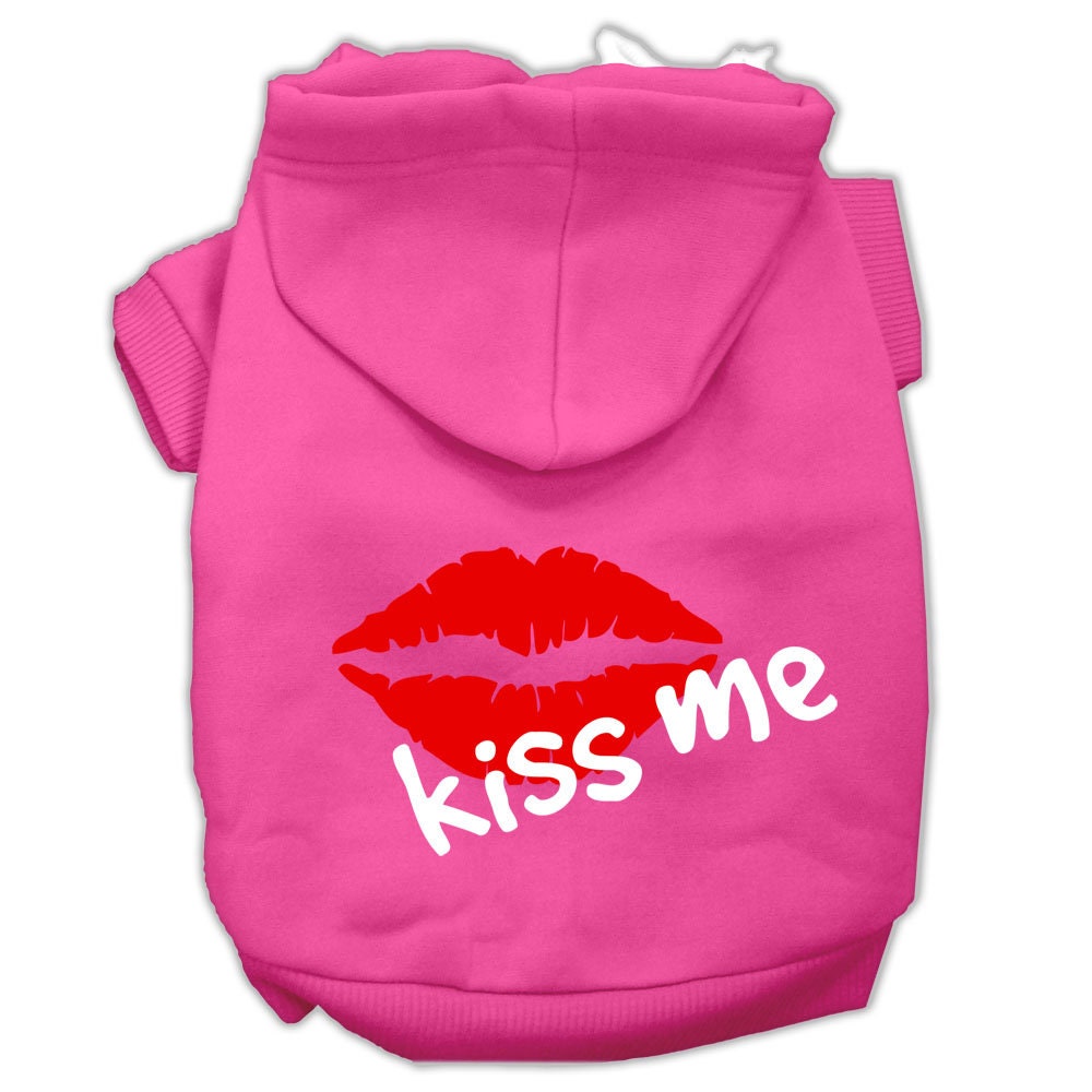 A cozy pet hoodie for dogs and cats, featuring a screen printed 'Kiss Me' design, made from soft cotton and polyester blend.