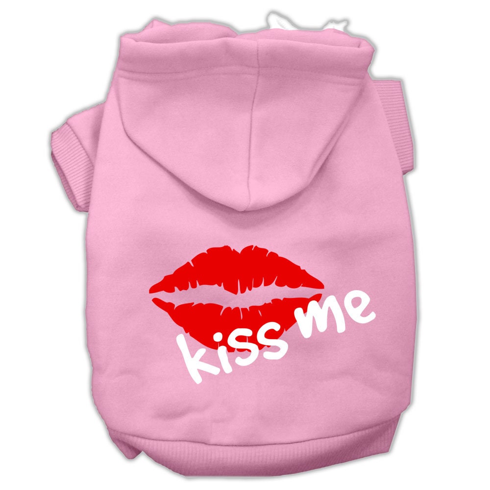 A cozy pet hoodie for dogs and cats, featuring a screen printed 'Kiss Me' design, made from soft cotton and polyester blend.