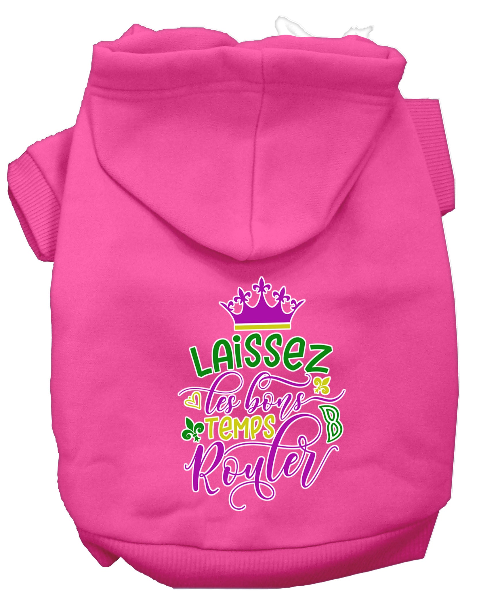 A cozy pet hoodie for dogs and cats, featuring the phrase 'Laissez Les Bons Temps Rouler' in stylish screen print, made from soft cotton-polyester blend.