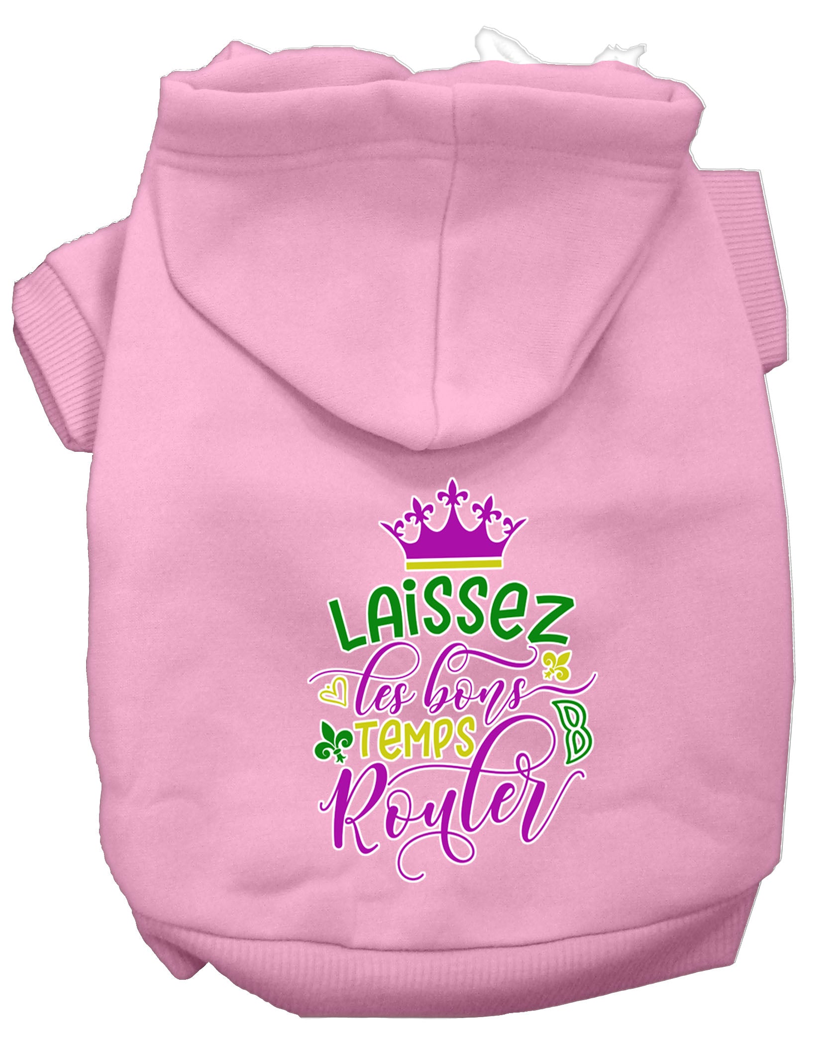 A cozy pet hoodie for dogs and cats, featuring the phrase 'Laissez Les Bons Temps Rouler' in stylish screen print, made from soft cotton-polyester blend.