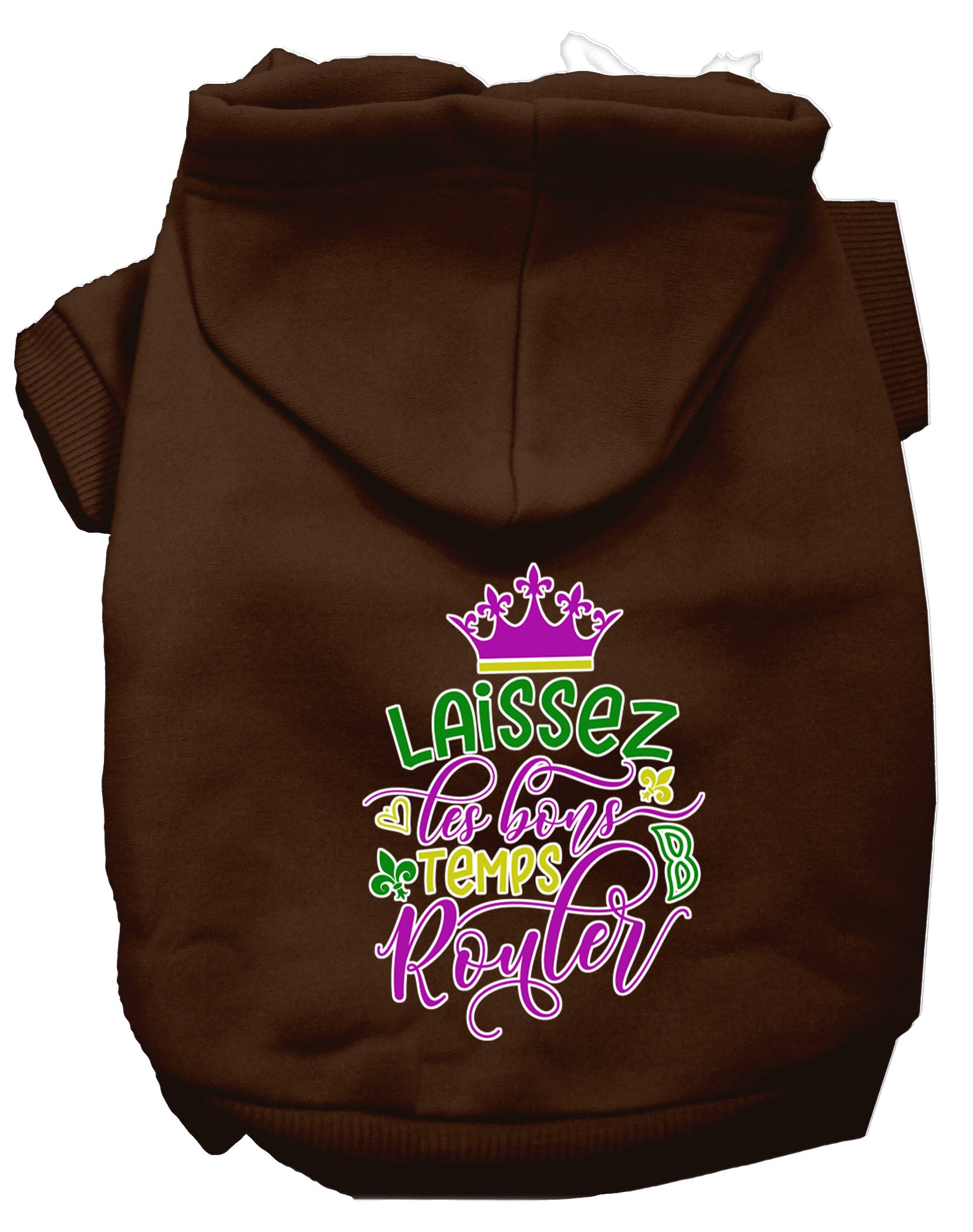 A cozy pet hoodie for dogs and cats, featuring the phrase 'Laissez Les Bons Temps Rouler' in stylish screen print, made from soft cotton-polyester blend.