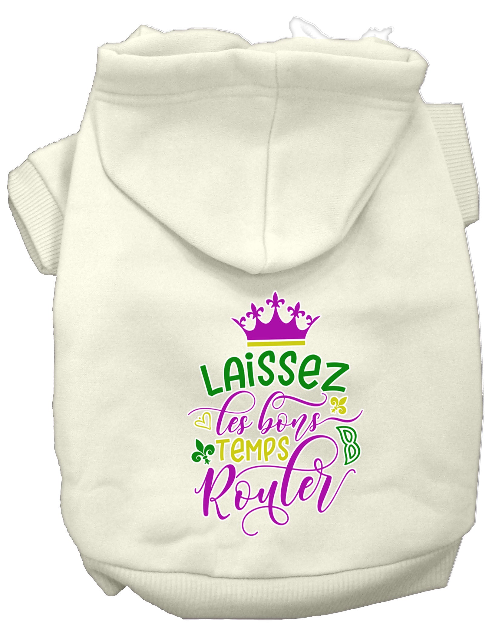 A cozy pet hoodie for dogs and cats, featuring the phrase 'Laissez Les Bons Temps Rouler' in stylish screen print, made from soft cotton-polyester blend.