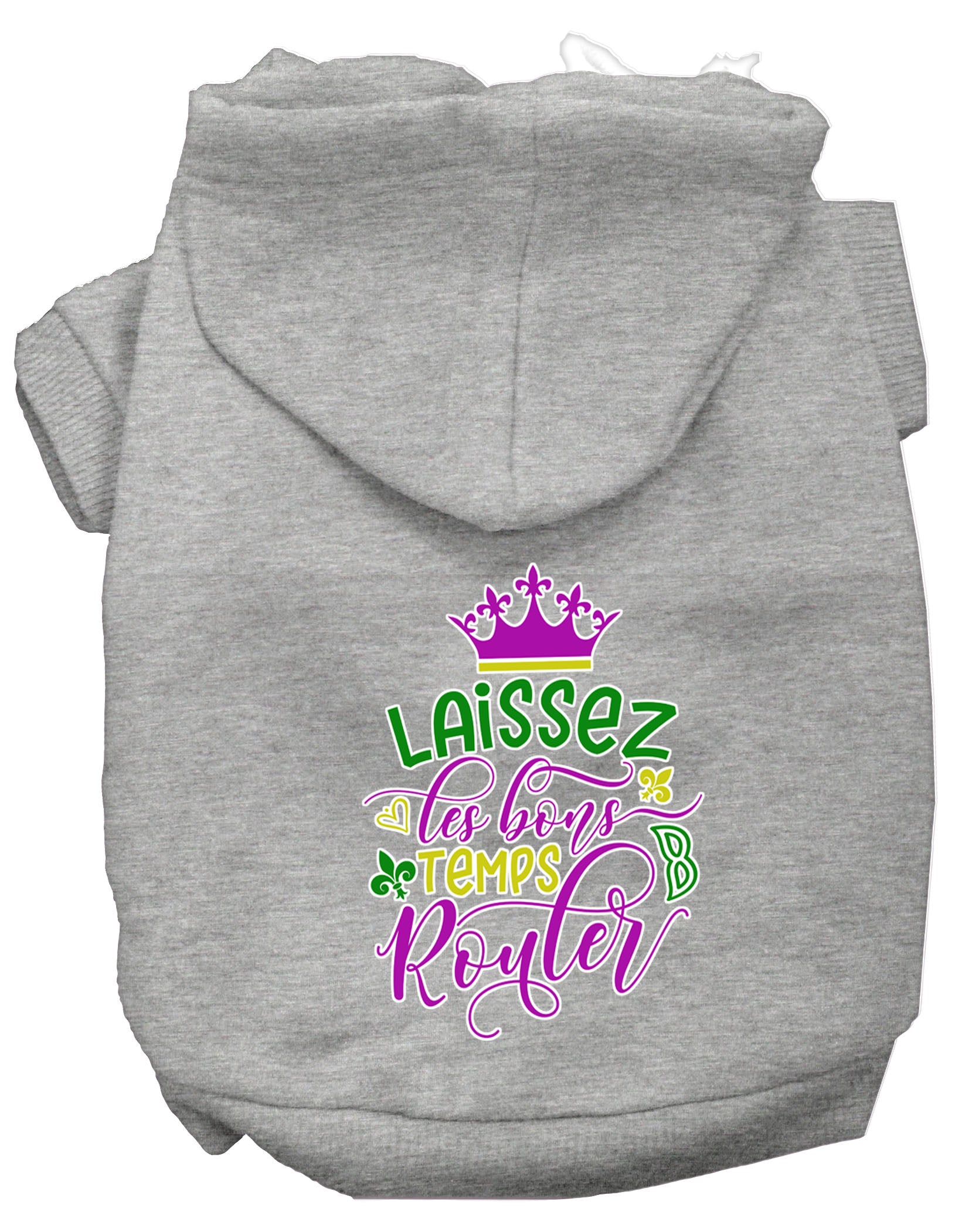A cozy pet hoodie for dogs and cats, featuring the phrase 'Laissez Les Bons Temps Rouler' in stylish screen print, made from soft cotton-polyester blend.