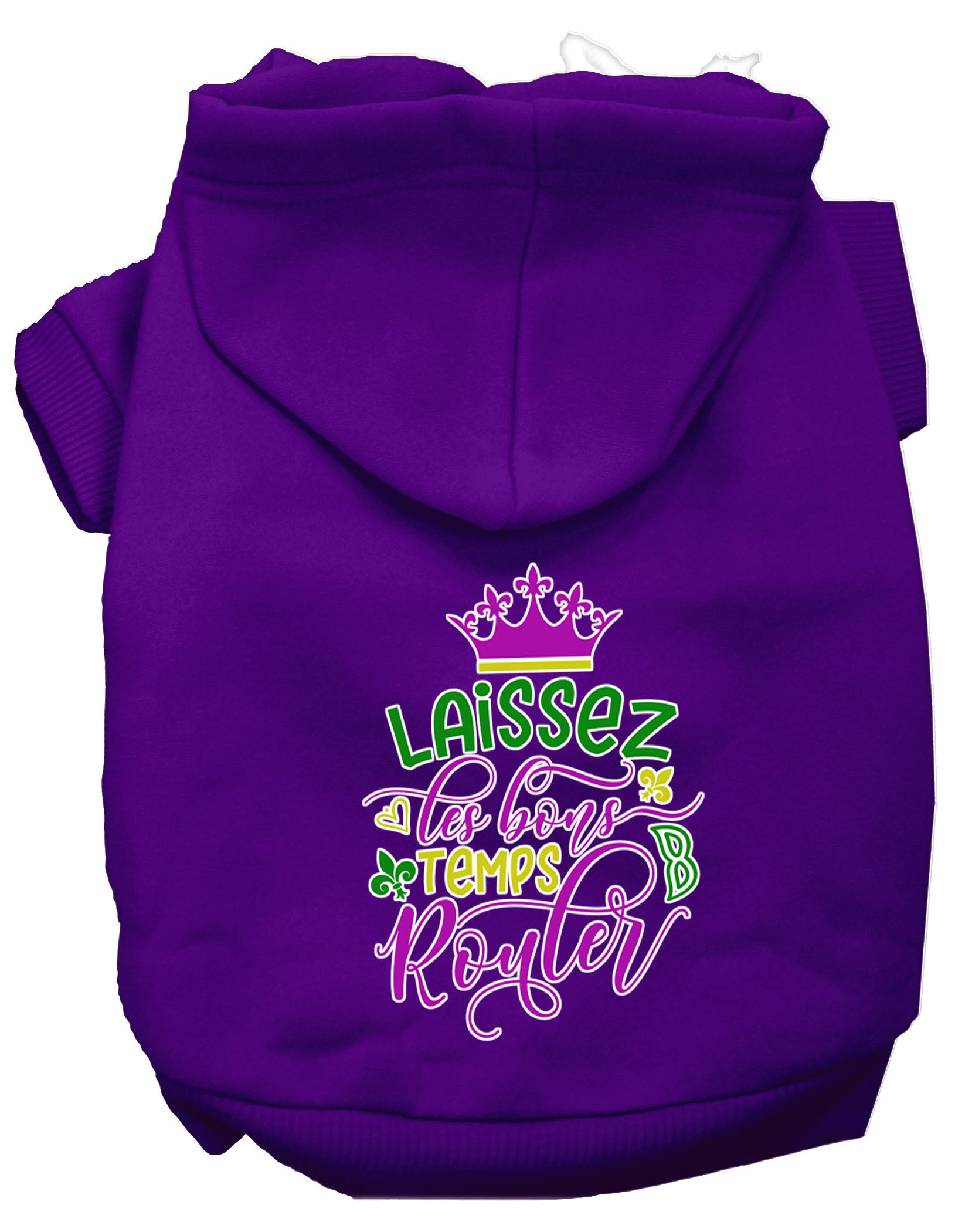 A cozy pet hoodie for dogs and cats, featuring the phrase 'Laissez Les Bons Temps Rouler' in stylish screen print, made from soft cotton-polyester blend.
