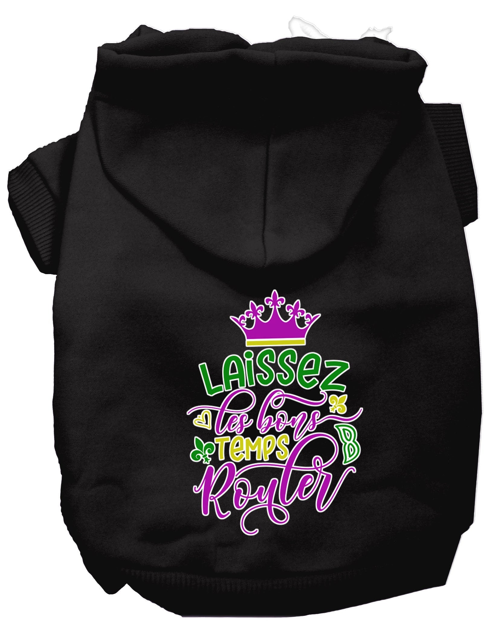 A cozy pet hoodie for dogs and cats, featuring the phrase 'Laissez Les Bons Temps Rouler' in stylish screen print, made from soft cotton-polyester blend.