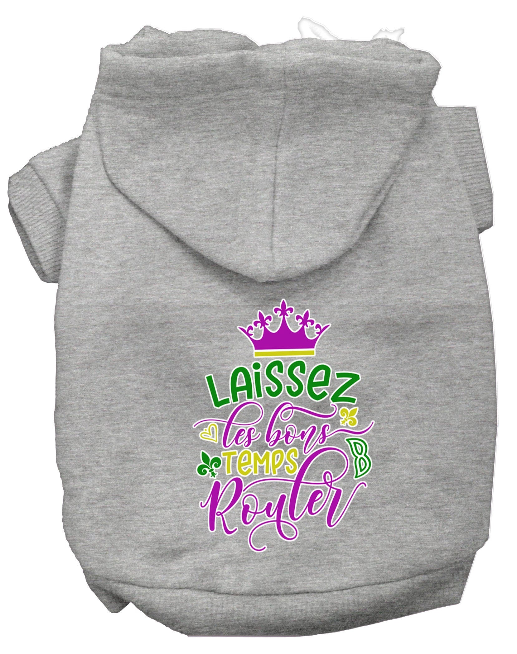 A cozy pet hoodie for dogs and cats, featuring the phrase 'Laissez Les Bons Temps Rouler' in stylish screen print, made from soft cotton-polyester blend.