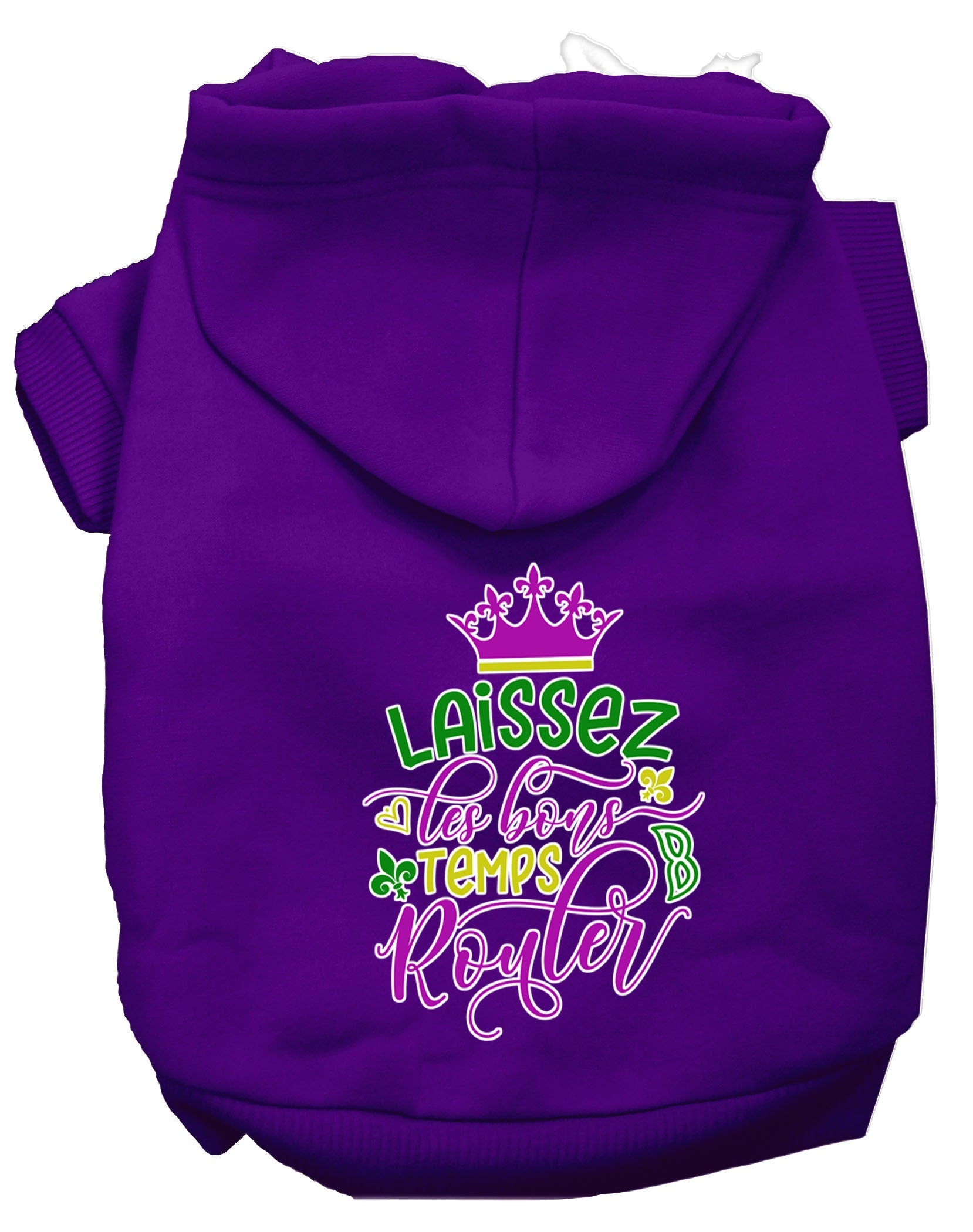 A cozy pet hoodie for dogs and cats, featuring the phrase 'Laissez Les Bons Temps Rouler' in stylish screen print, made from soft cotton-polyester blend.