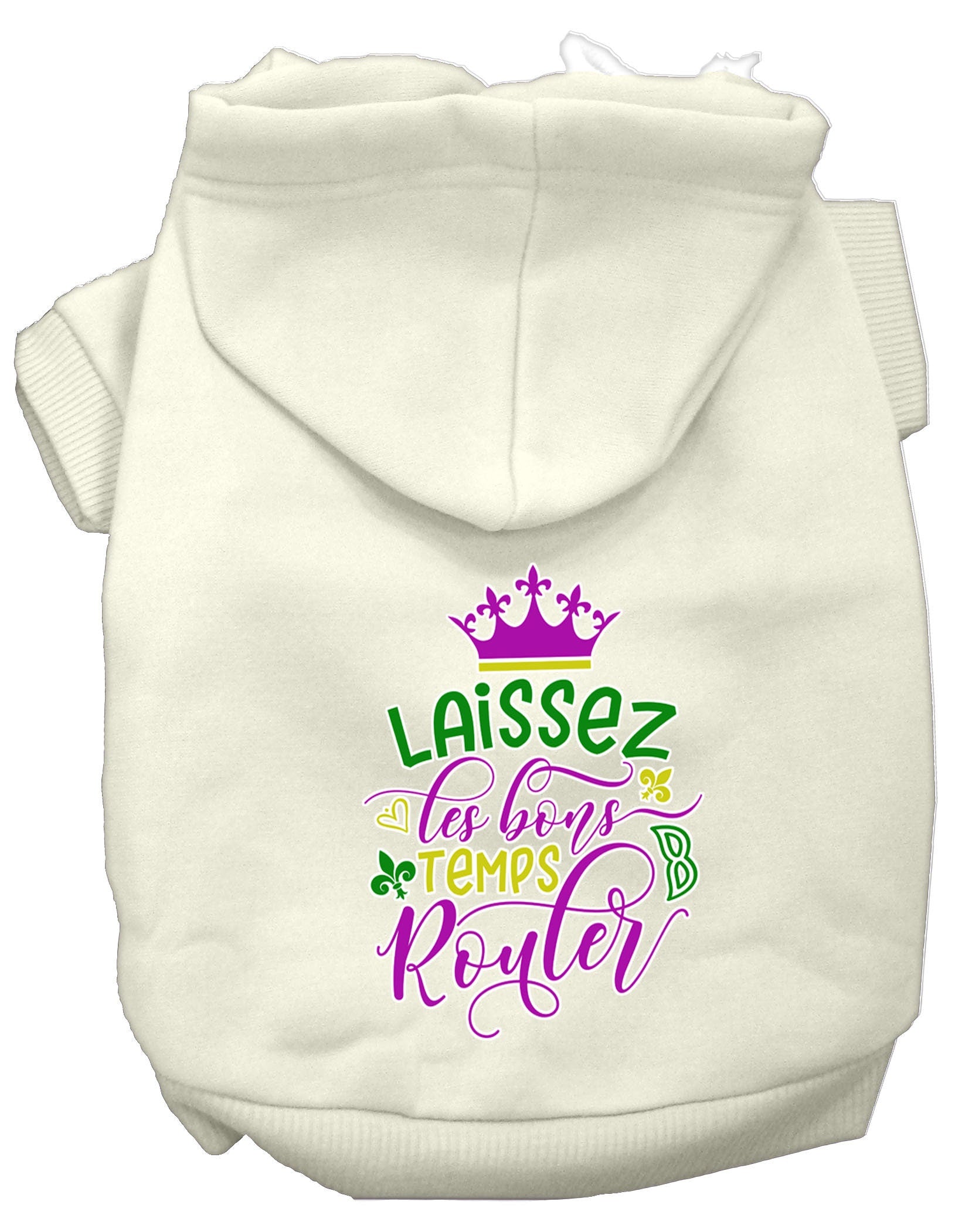 A cozy pet hoodie for dogs and cats, featuring the phrase 'Laissez Les Bons Temps Rouler' in stylish screen print, made from soft cotton-polyester blend.