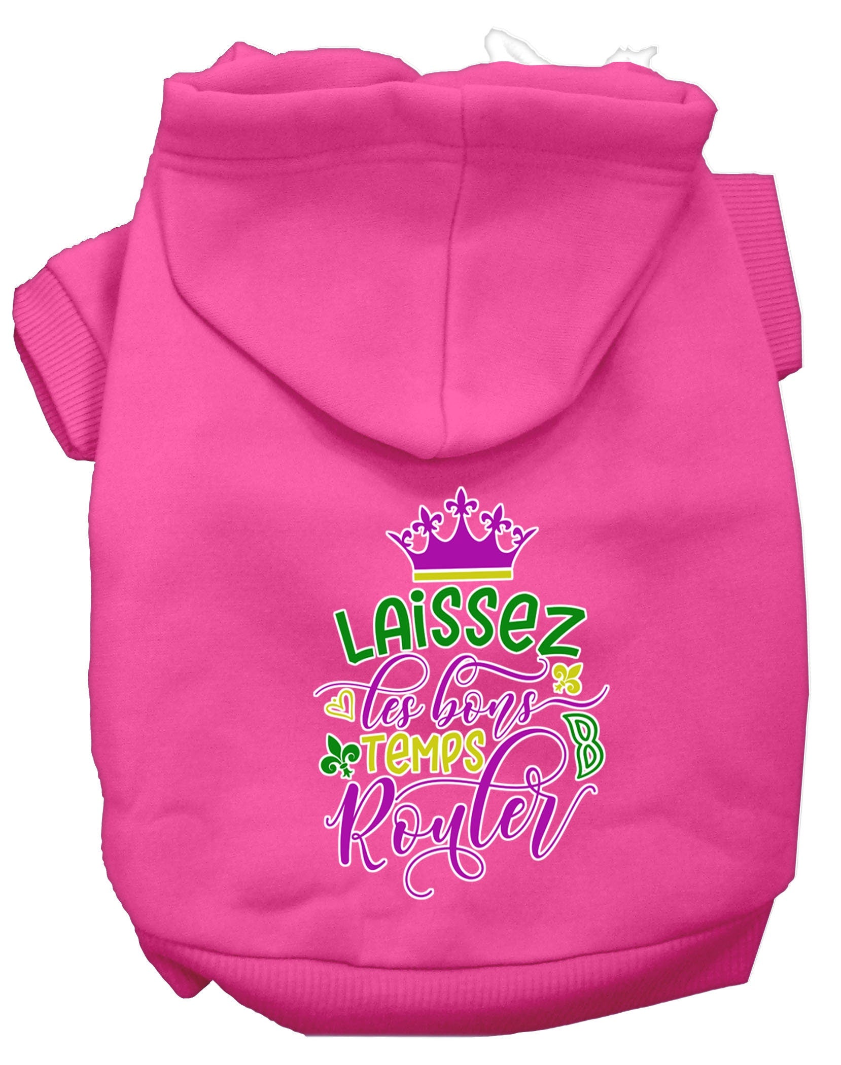 A cozy pet hoodie for dogs and cats, featuring the phrase 'Laissez Les Bons Temps Rouler' in stylish screen print, made from soft cotton-polyester blend.