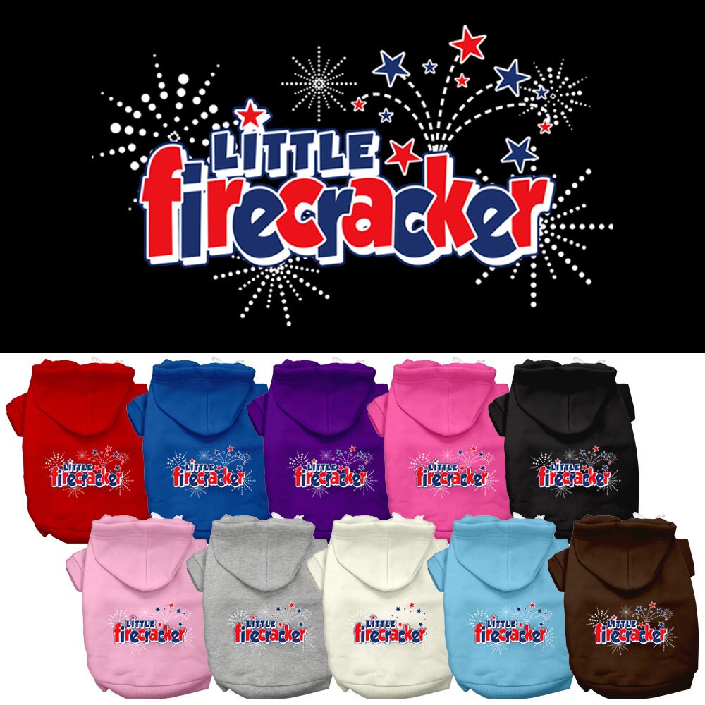 A cozy pet hoodie for dogs and cats, featuring the screen printed phrase 'Little Firecracker', showcasing its soft fabric and durable design.
