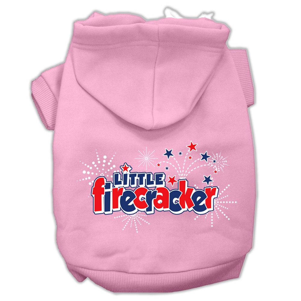 A cozy pet hoodie for dogs and cats, featuring the screen printed phrase 'Little Firecracker', showcasing its soft fabric and durable design.