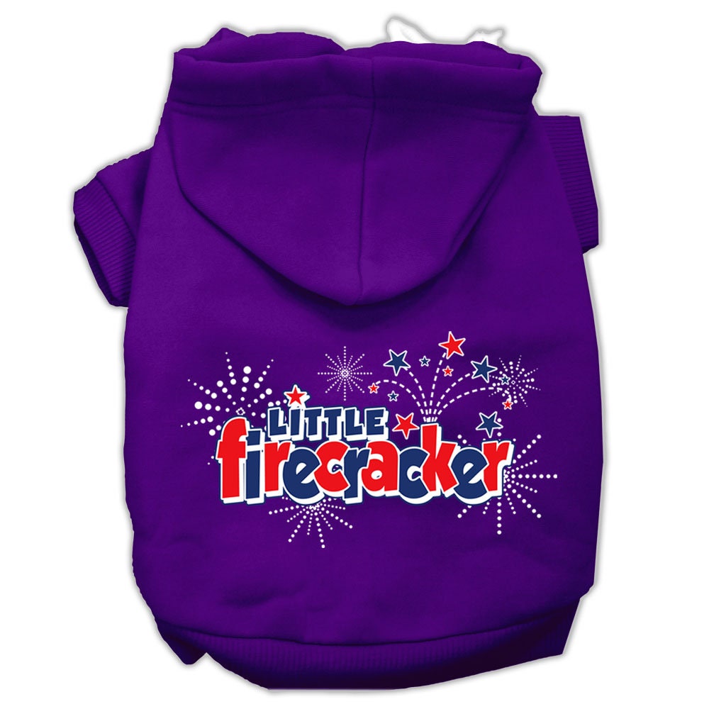 A cozy pet hoodie for dogs and cats, featuring the screen printed phrase 'Little Firecracker', showcasing its soft fabric and durable design.