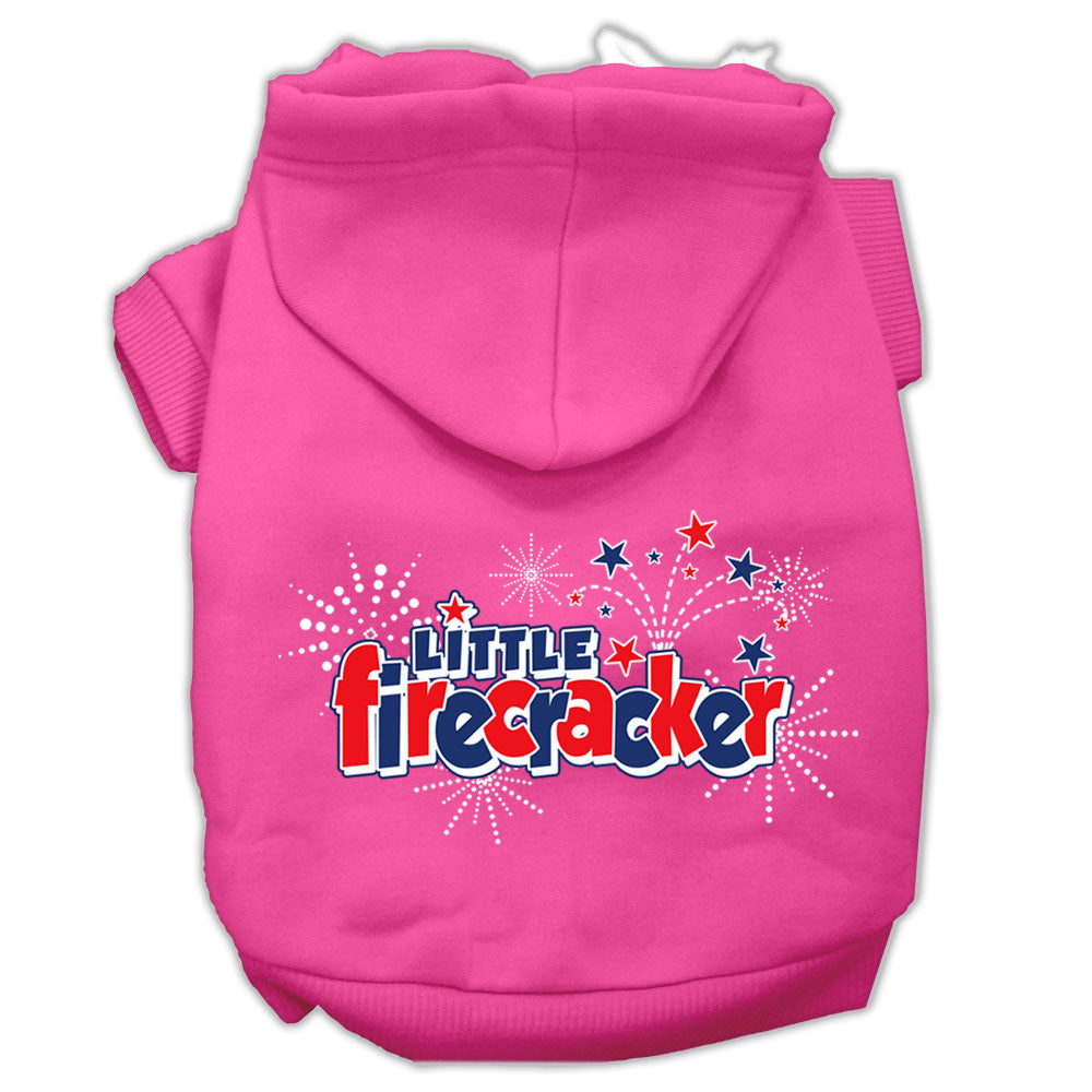 A cozy pet hoodie for dogs and cats, featuring the screen printed phrase 'Little Firecracker', showcasing its soft fabric and durable design.