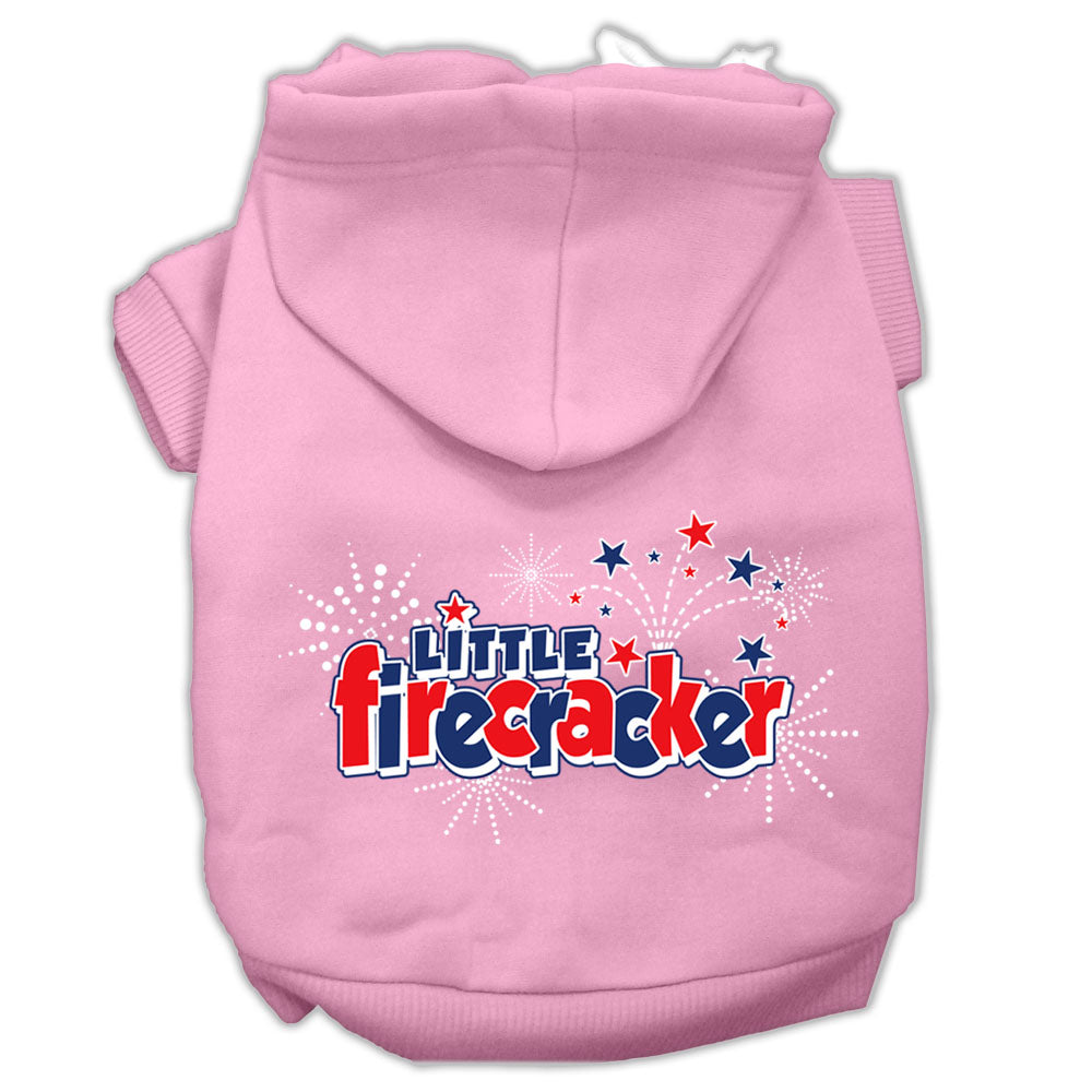 A cozy pet hoodie for dogs and cats, featuring the screen printed phrase 'Little Firecracker', showcasing its soft fabric and durable design.
