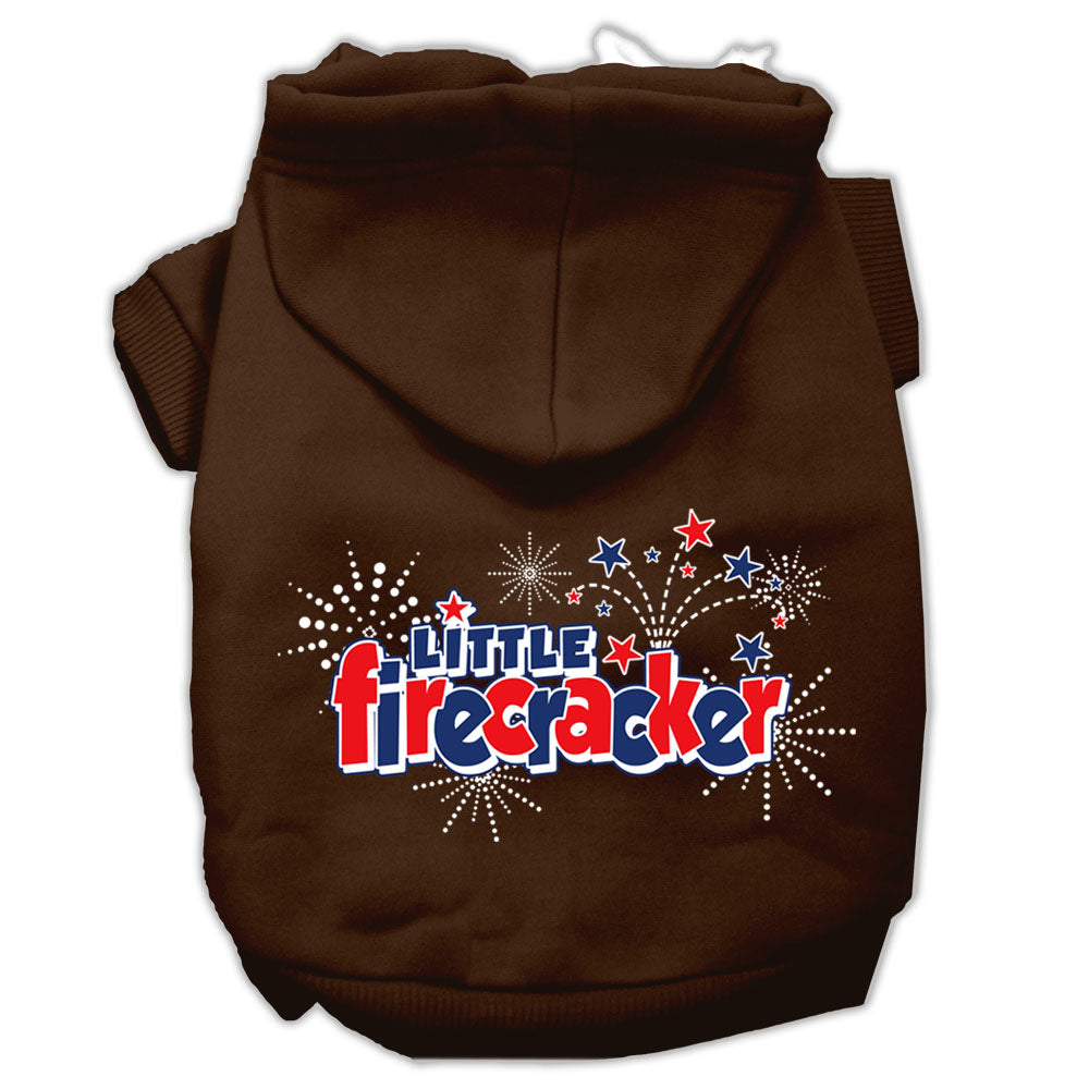 A cozy pet hoodie for dogs and cats, featuring the screen printed phrase 'Little Firecracker', showcasing its soft fabric and durable design.