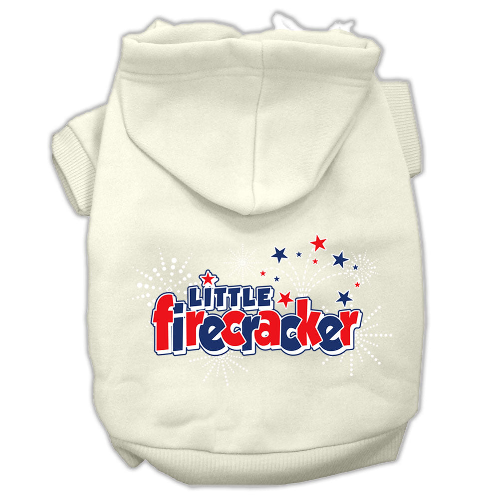 A cozy pet hoodie for dogs and cats, featuring the screen printed phrase 'Little Firecracker', showcasing its soft fabric and durable design.