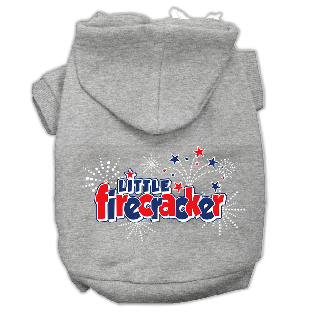 A cozy pet hoodie for dogs and cats, featuring the screen printed phrase 'Little Firecracker', showcasing its soft fabric and durable design.