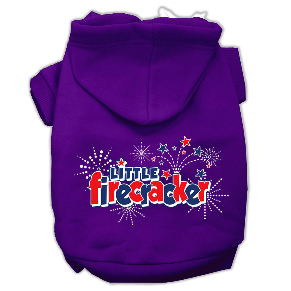 A cozy pet hoodie for dogs and cats, featuring the screen printed phrase 'Little Firecracker', showcasing its soft fabric and durable design.