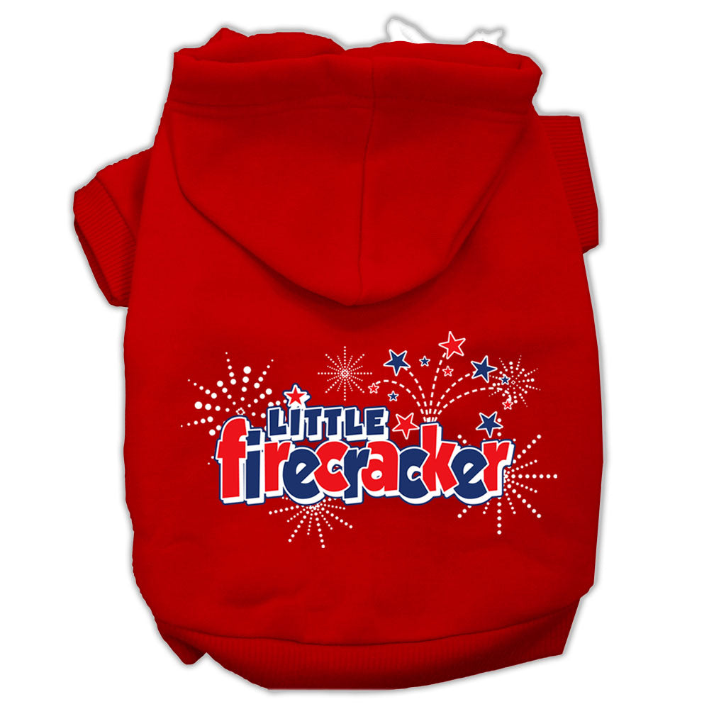 A cozy pet hoodie for dogs and cats, featuring the screen printed phrase 'Little Firecracker', showcasing its soft fabric and durable design.