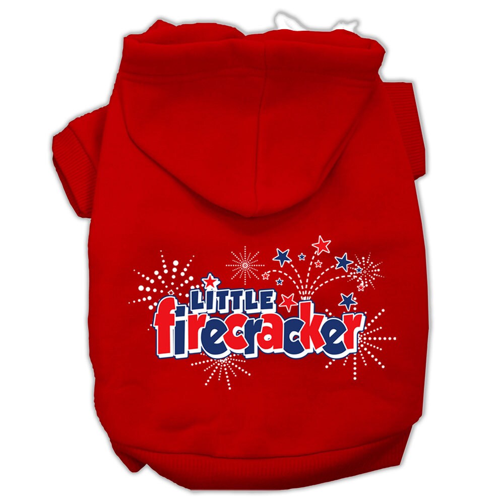 A cozy pet hoodie for dogs and cats, featuring the screen printed phrase 'Little Firecracker', showcasing its soft fabric and durable design.