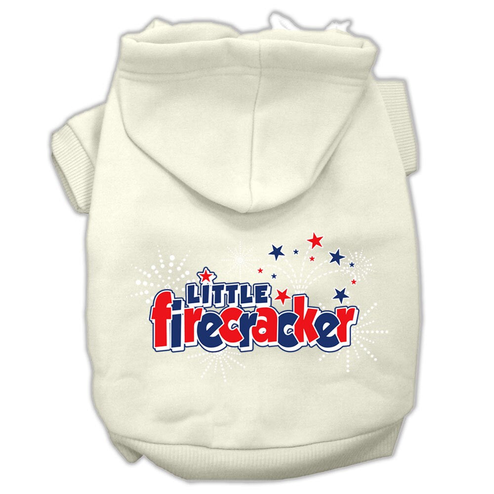 A cozy pet hoodie for dogs and cats, featuring the screen printed phrase 'Little Firecracker', showcasing its soft fabric and durable design.