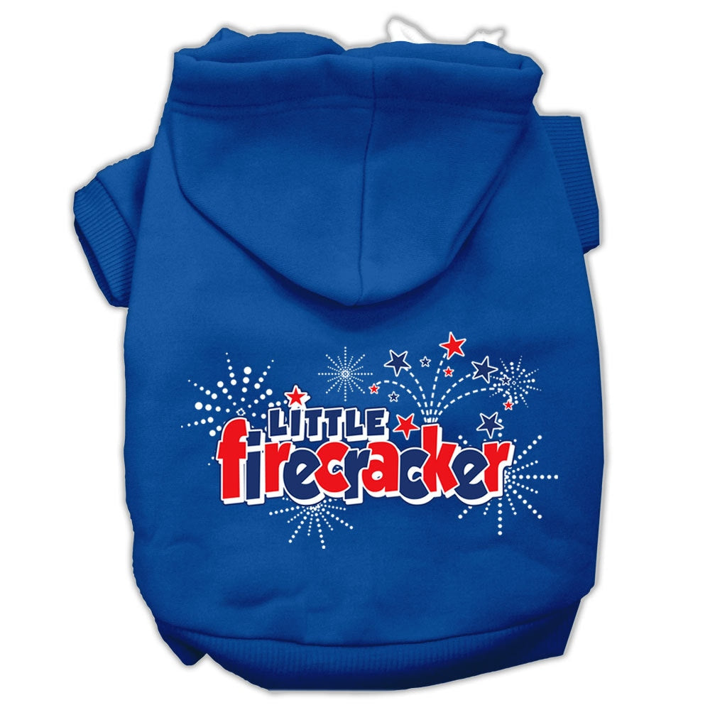A cozy pet hoodie for dogs and cats, featuring the screen printed phrase 'Little Firecracker', showcasing its soft fabric and durable design.