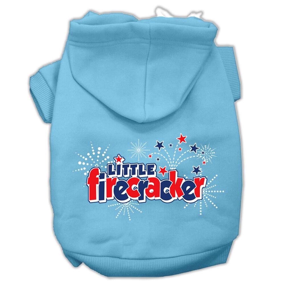 A cozy pet hoodie for dogs and cats, featuring the screen printed phrase 'Little Firecracker', showcasing its soft fabric and durable design.