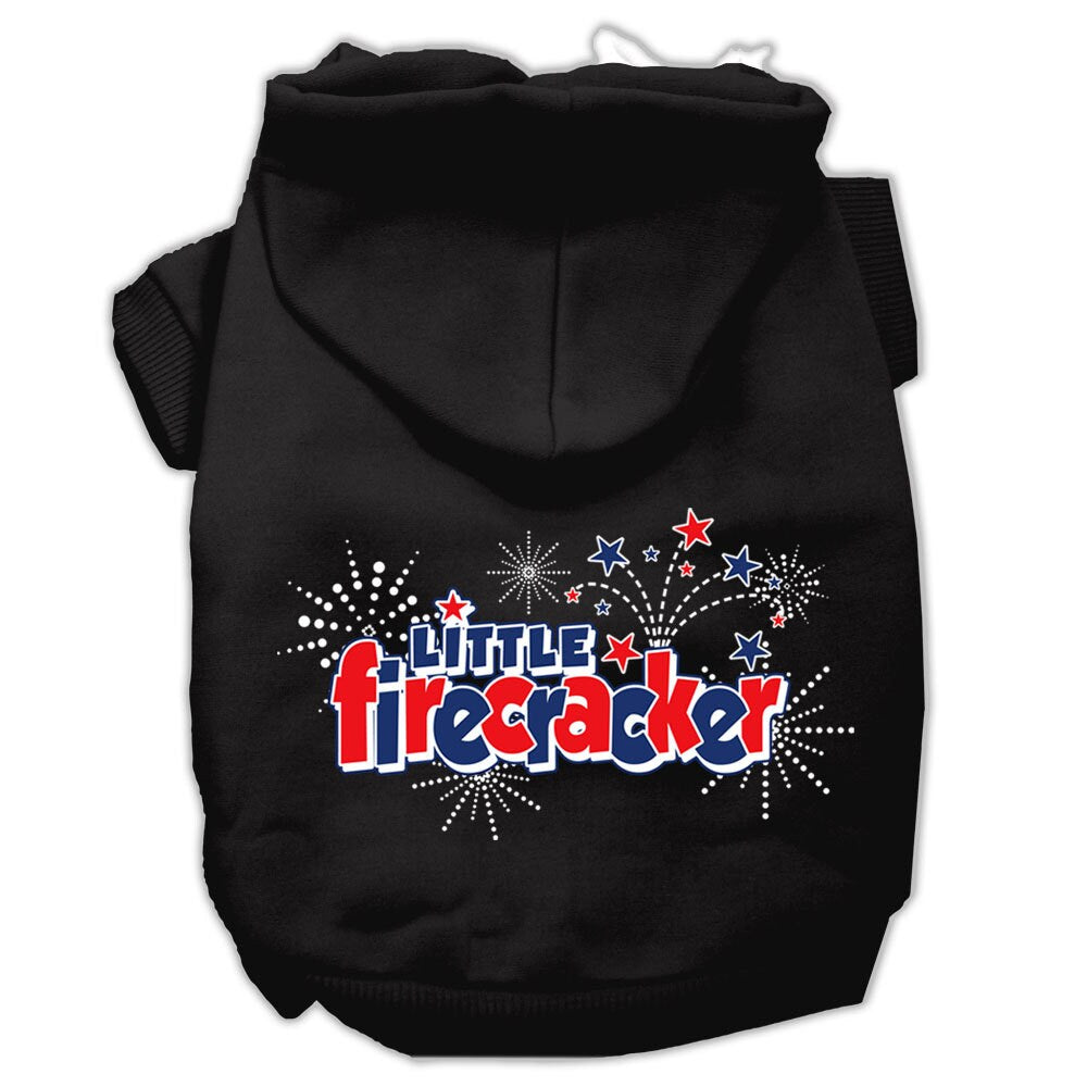 A cozy pet hoodie for dogs and cats, featuring the screen printed phrase 'Little Firecracker', showcasing its soft fabric and durable design.