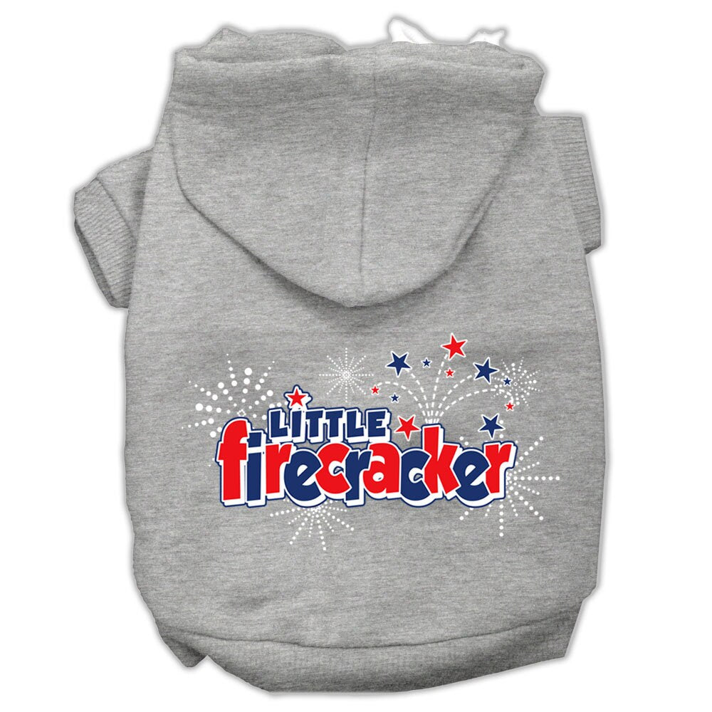 A cozy pet hoodie for dogs and cats, featuring the screen printed phrase 'Little Firecracker', showcasing its soft fabric and durable design.