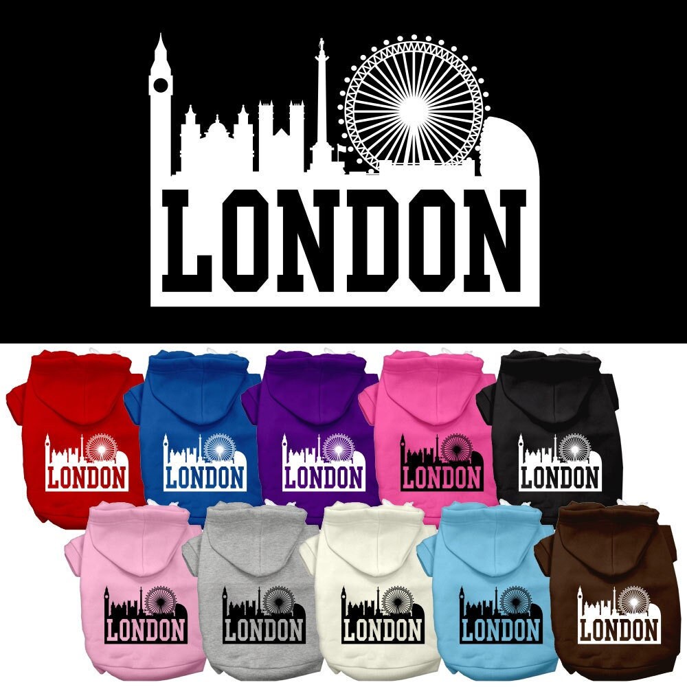 A cozy pet hoodie featuring a stylish London Skyline print, designed for dogs and cats, showcasing its soft fabric and convenient leash access hole.