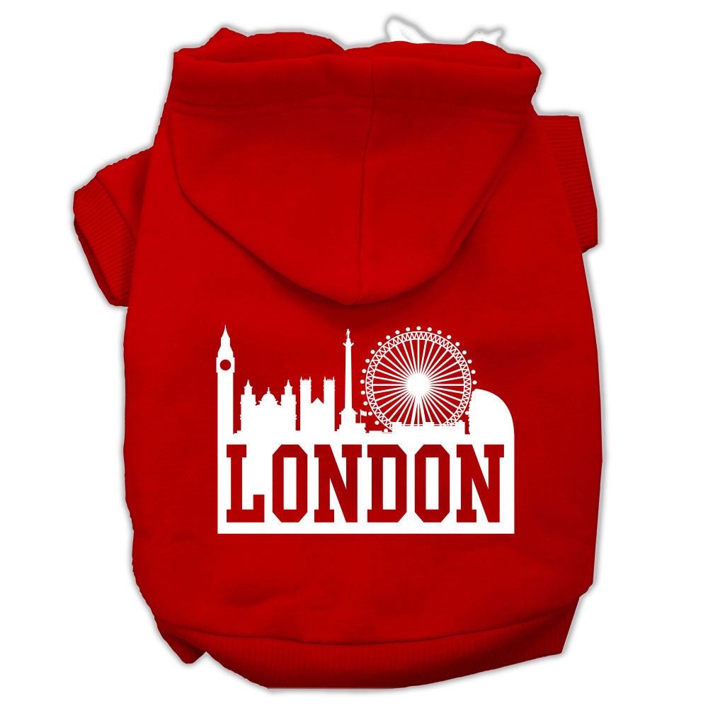 A cozy pet hoodie featuring a stylish London Skyline print, designed for dogs and cats, showcasing its soft fabric and convenient leash access hole.