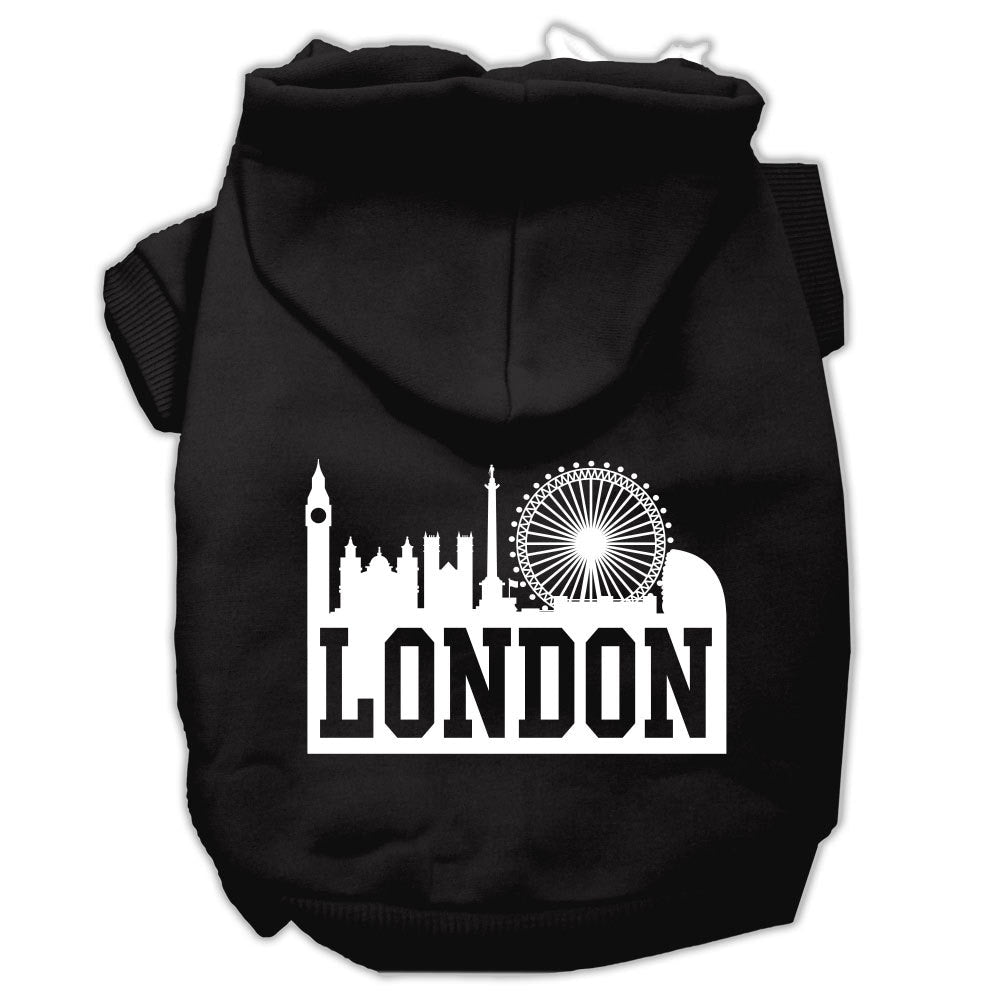 A cozy pet hoodie featuring a stylish London Skyline print, designed for dogs and cats, showcasing its soft fabric and convenient leash access hole.