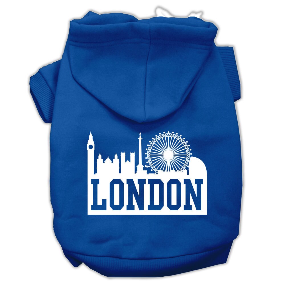 A cozy pet hoodie featuring a stylish London Skyline print, designed for dogs and cats, showcasing its soft fabric and convenient leash access hole.