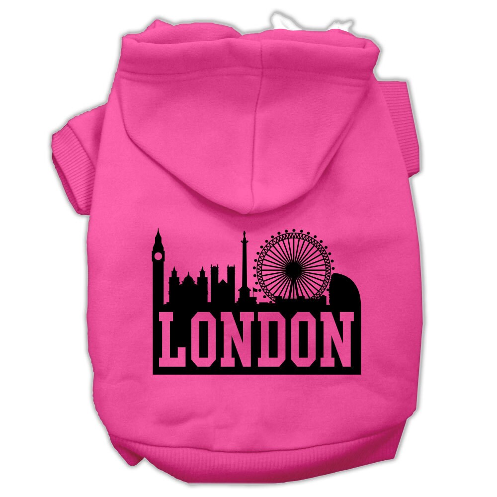 A cozy pet hoodie featuring a stylish London Skyline print, designed for dogs and cats, showcasing its soft fabric and convenient leash access hole.