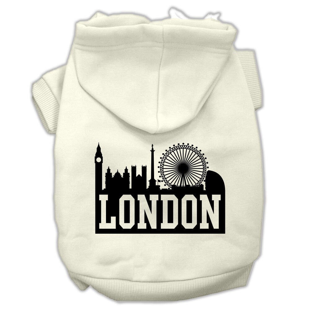 A cozy pet hoodie featuring a stylish London Skyline print, designed for dogs and cats, showcasing its soft fabric and convenient leash access hole.